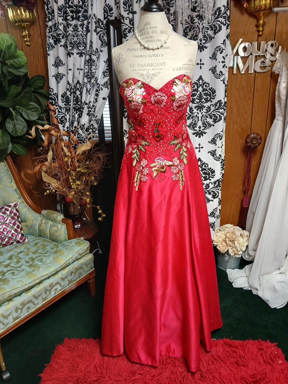 Blondie Nites Red Strapless Embroidered Ball Gown